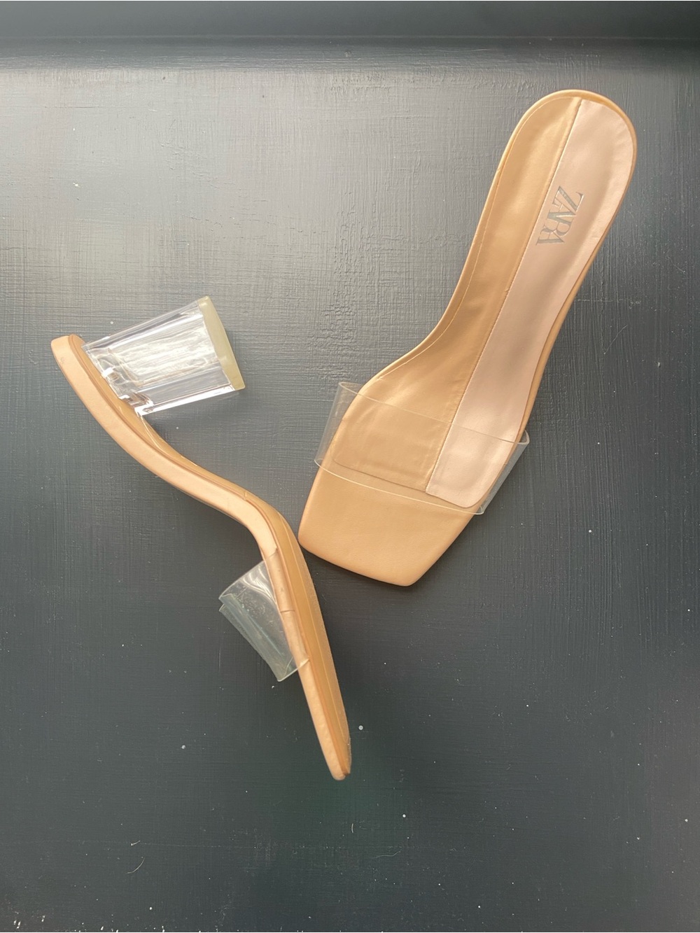 ZARA Tan Nude Clear-Strap Block Heel Mule Sandals